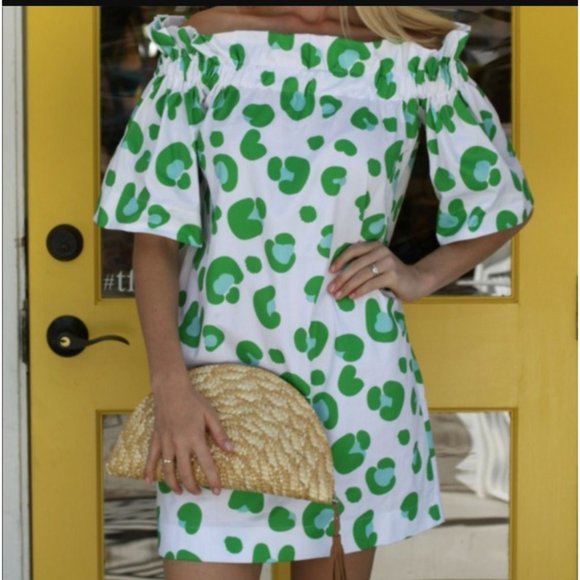 Hello Dobson Dresses & Skirts - Hello Dobson Green White Cheetah Off Shoulder Mini Dress Resortwear Small